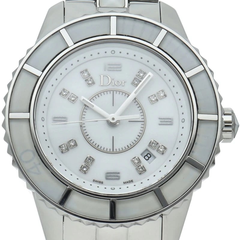 DIOR CRYSTAL WITH 16 DIAMONDS STAINLESS STEEL WATCH: Dior Crystal with 16 Diamonds Stainless Steel Watch Brand: Dior Type/Style: Wristwatch Material: Band Material Stainless steel, Case Material Stainless steel Color: Dial Color white Size: Case