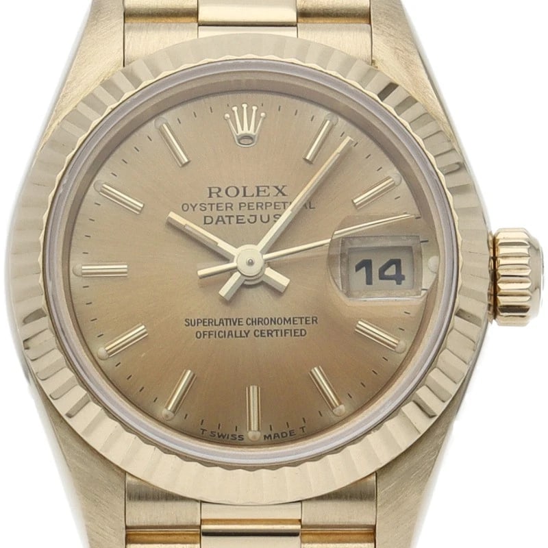 ROLEX DATEJUST 18K YELLOW GOLD CHAMPAGNE WATCH: ROLEx datejust 18K Yellow Gold Champagne Watch Brand: ROLEx Type/Style: Wristwatch Material: Band Material Yellow Gold, Case Material Yellow Gold Color: Dial Color Champagne color Size: Case Diameter(