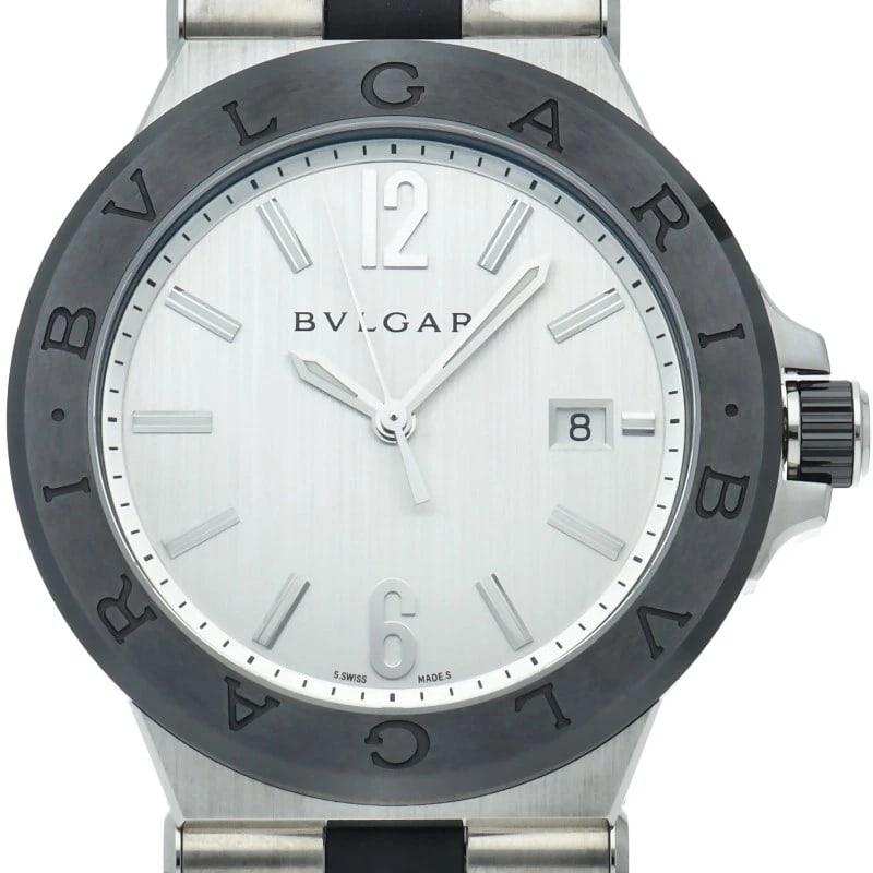 BVLGARI DIAGONO CERAMIC AUTOMATIC STAINLESS STEEL WATCH: BVLGARI Diagono Ceramic Automatic Stainless Steel Watch Brand: BVLGARI Type/Style: Wristwatch Material: Band Material rubber, Case Material Stainless steel Color: Dial Color Silver Size: Case