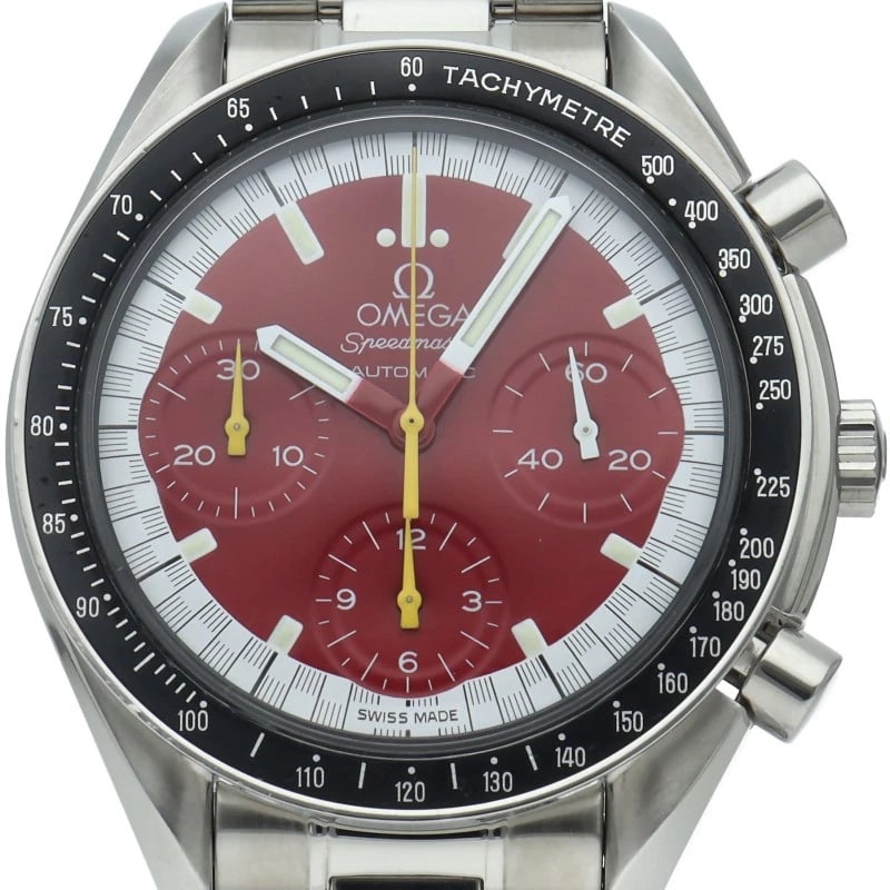 OMEGA SPEEDMASTER RACING CHRONOGRAPH STAINLESS STEEL WATCH: OMEGA Speedmaster Racing Chronograph Stainless Steel Watch Brand: OMEGA Type/Style: Wristwatch Material: Band Material Stainless steel, Case Material Stainless steel Color: Dial Color Red Size: Case D