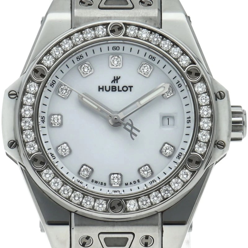 HUBLOT BIG BANG WHITE DIAMOND BEZEL WATCH: HUBLOT Big Bang White Diamond Bezel Watch Brand: HUBLOT Type/Style: Wristwatch Material: Band Material rubber, Case Material Stainless steel Color: Dial Color white Size: Case Diameter(H):About 1.3 in