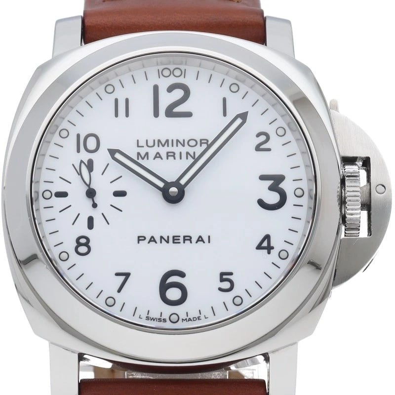 PANERAI LUMINOR MARINA STAINLESS STEEL / LEATHER WATCH: PANERAI Luminor Marina Stainless Steel / Leather Watch Brand: PANERAI Type/Style: Wristwatch Material: Band Material leather, Case Material Stainless steel Color: Dial Color white Size: Case Diameter(