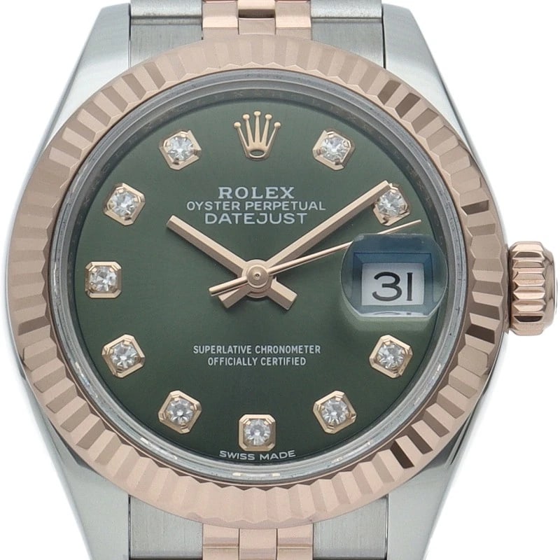 ROLEX DATEJUST 28 JUBILEE DIAMOND OLIVE GREEN WATCH: ROLEx Datejust 28 Jubilee Diamond Olive Green Watch Brand: ROLEx Type/Style: Wristwatch Material: Band Material Gold / steel, Case Material Gold / steel Color: Dial Color Olive green Size: Case Diamet