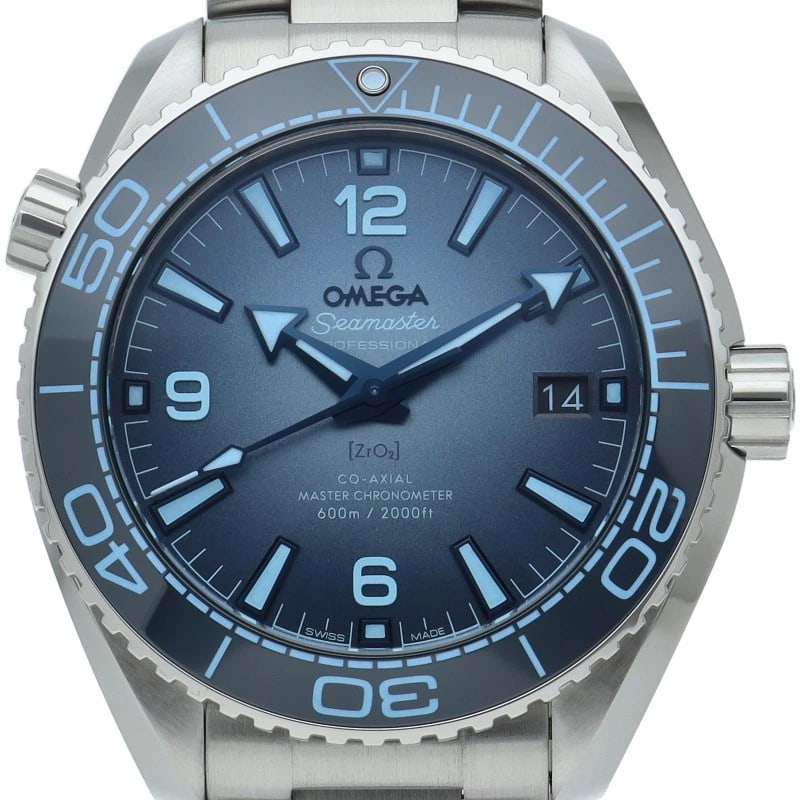 OMEGA SEAMASTER PLANET OCEAN CO-AXIAL WATCH: OMEGA Seamaster Planet Ocean Co-Axial Watch Brand: OMEGA Type/Style: Wristwatch Material: Band Material Stainless steel, Case Material Stainless steel Color: Dial Color Light blue Size: Case Diameter(