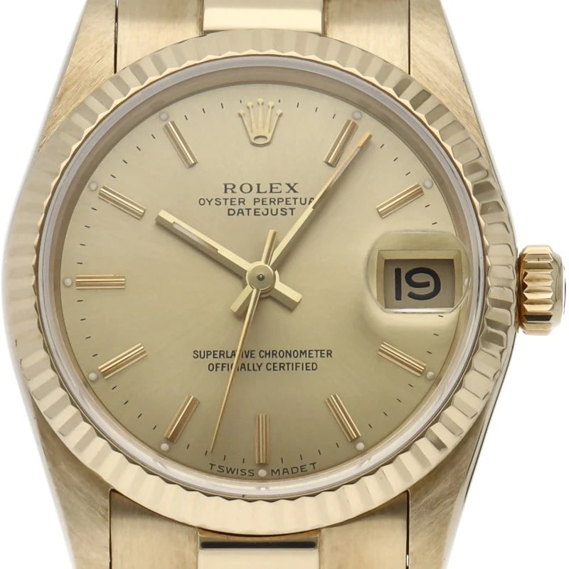 ROLEX DATEJUST 18K YELLOW GOLD CHAMPAGNE WATCH: ROLEx datejust 18K Yellow Gold Champagne Watch Brand: ROLEx Type/Style: Wristwatch Material: Band Material Yellow Gold, Case Material Yellow Gold Color: Dial Color Champagne color Size: Case Diameter(
