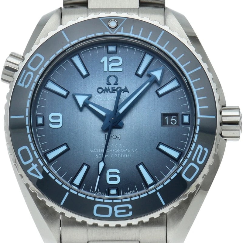 OMEGA SEAMASTER PLANET OCEAN CO-AXIAL WATCH: OMEGA Seamaster Planet Ocean Co-Axial Watch Brand: OMEGA Type/Style: Wristwatch Material: Band Material Stainless steel, Case Material Stainless steel Color: Dial Color Light blue Size: Case Diameter(