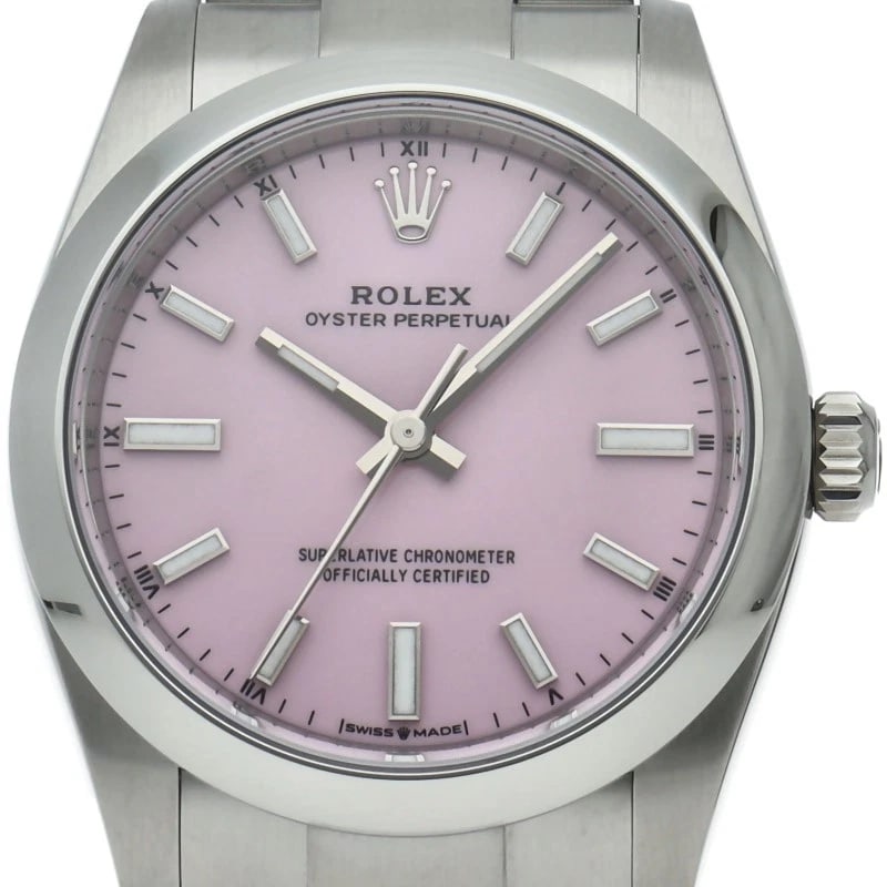 ROLEX OYSTER PERPETUAL 34 WATCH CANDY PINK STAINLESS STEEL WATCH: ROLEx Oyster Perpetual 34 Watch Candy Pink Stainless Steel Watch Brand: ROLEx Type/Style: Wristwatch Material: Band Material Stainless steel, Case Material Stainless steel Color: Dial Color pink Size: