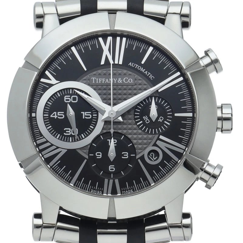 TIFFANY&CO. ATLAS GENT CHRONOGRAPH WATCH AUTOMATIC WATCH: TIFFANY&Co. Atlas Gent Chronograph Watch Automatic Watch Brand: TIFFANY&Co. Type/Style: Wristwatch Material: Band Material Stainless Steel / Rubber, Case Material Stainless steel Color: Dial Color bla