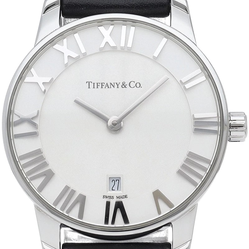 TIFFANY&CO. ATLAS WATCH STAINLESS STEEL WATCH: TIFFANY&Co. Atlas Watch Stainless Steel Watch Brand: TIFFANY&Co. Type/Style: Wristwatch Material: Band Material leather, Case Material Stainless steel Color: Dial Color white Size: Case Diameter(H):Ab