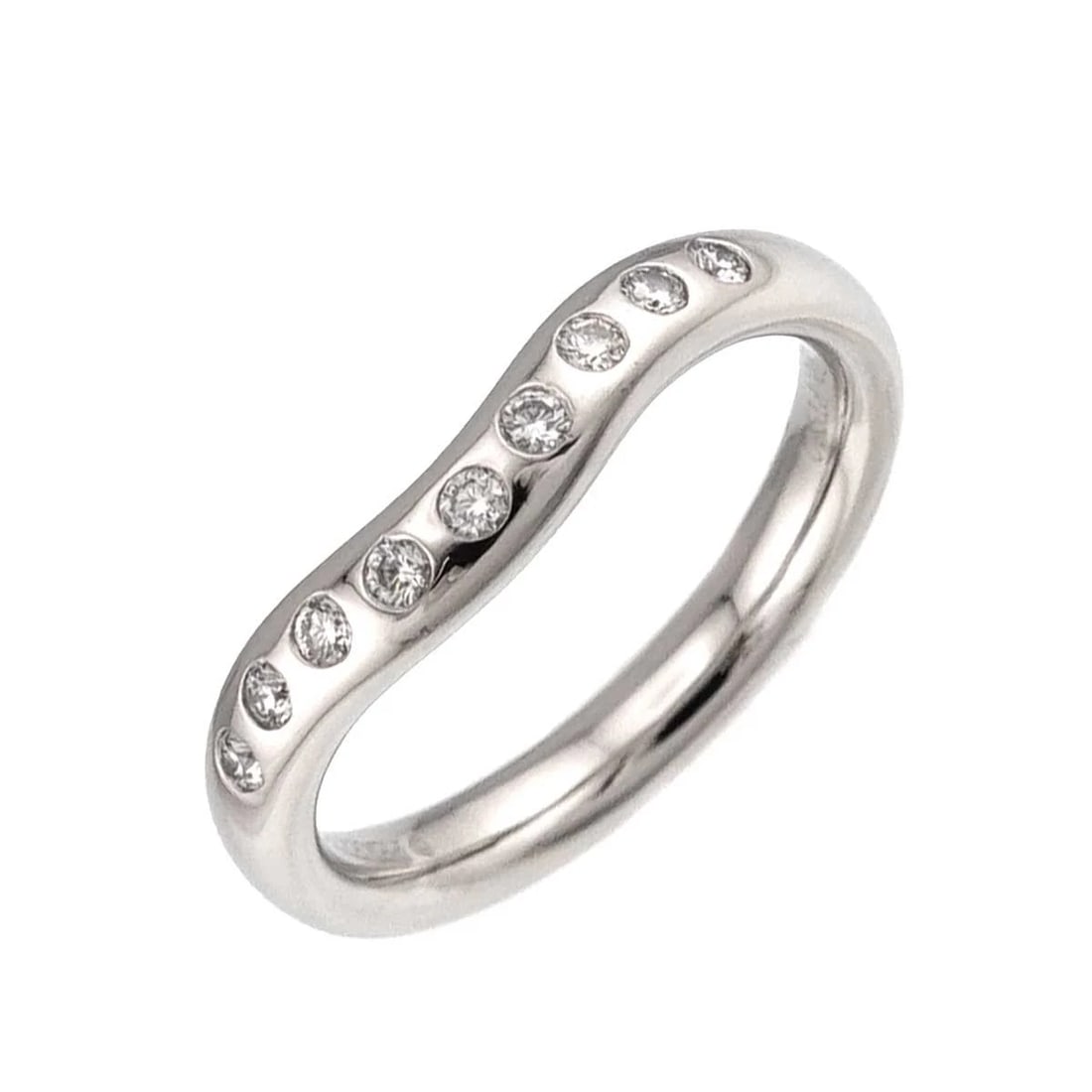 TIFFANY CO. WIDE CURVED BAND DIAMOND RING PT PLATINUM: TIFFANY Co. Wide Curved Band Diamond Ring Pt Platinum Brand: TIFFANY Co. Type/Style: Ring Material: Platinum, Main Stone Natural Color: Platinum Size: 4(US) Accessories: None Accessories Notice: When