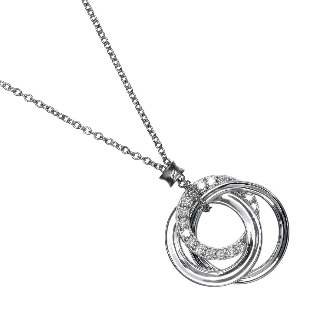 TIFFANY&CO. INTERLOCKING CIRCLE NECKLACE: TIFFANY&Co. Interlocking Circle Necklace Brand: TIFFANY&Co. Type/Style: Necklace Material: K18 white gold, Color: Silver Size: Size Remarks? Neck circumference: 17.3" Ring diameter: 0.5"/13mm/11.1mm