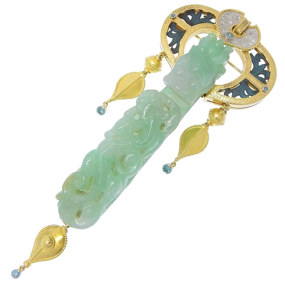 NOBUKO ISHIKAWA BROOCH K18 YELLOW GOLD: NOBUKO ISHIKAWA Brooch K18 yellow gold Brand: NOBUKO ISHIKAWA Type/Style: Brooch Material: K18 yellow gold, Main Stone Jade Color: YG Size: Size(CM) 125mm x 47mm Accessories: None Accessories Notice: