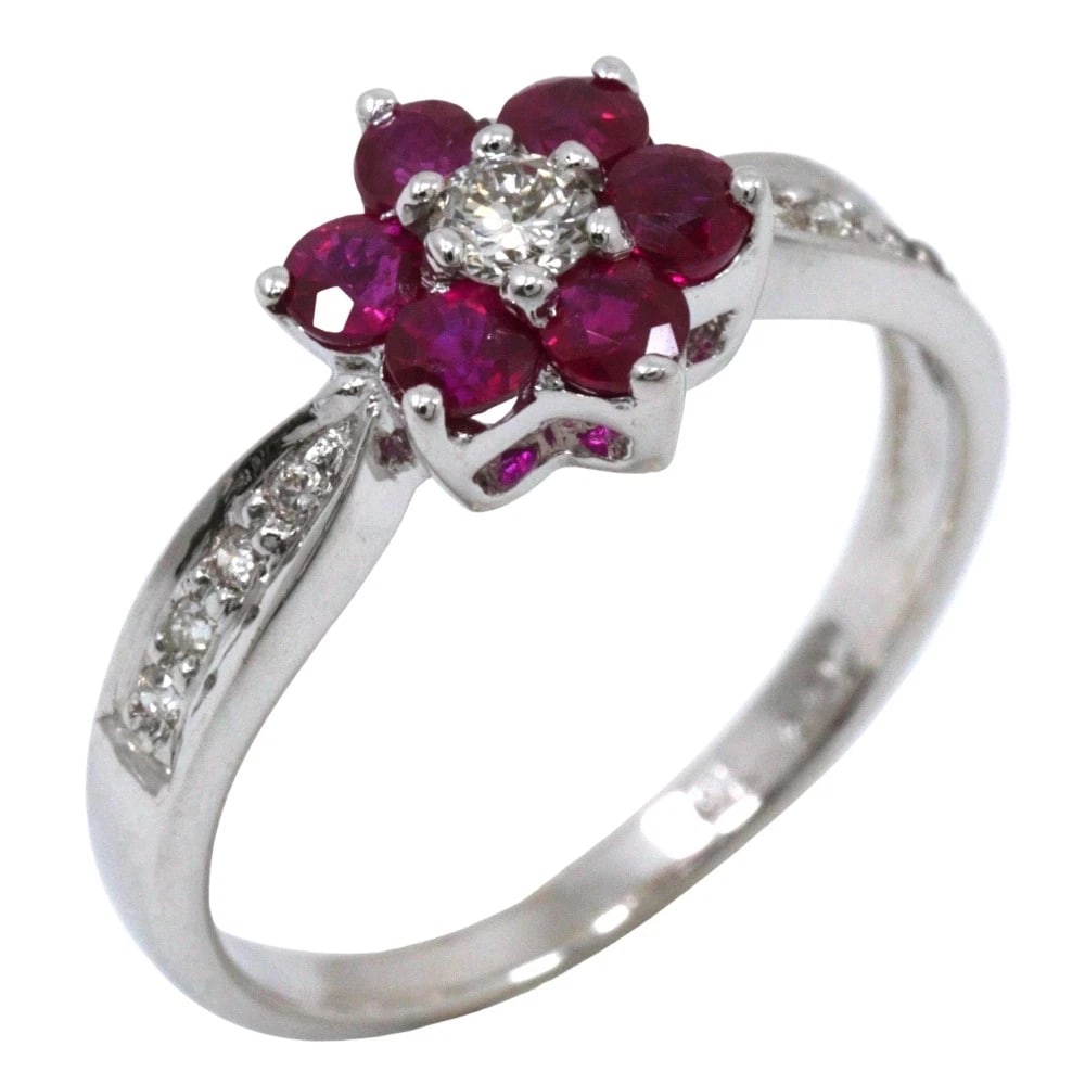 FLOUR RING K18 WHITE GOLD: flour Ring K18 white gold Brand: no brand Type/Style: Ring Material: K18 white gold, Main Stone Ruby Color: Silver Size: 4.1(US Size) Accessories: None Accessories Notice: When purchasing pre-owned