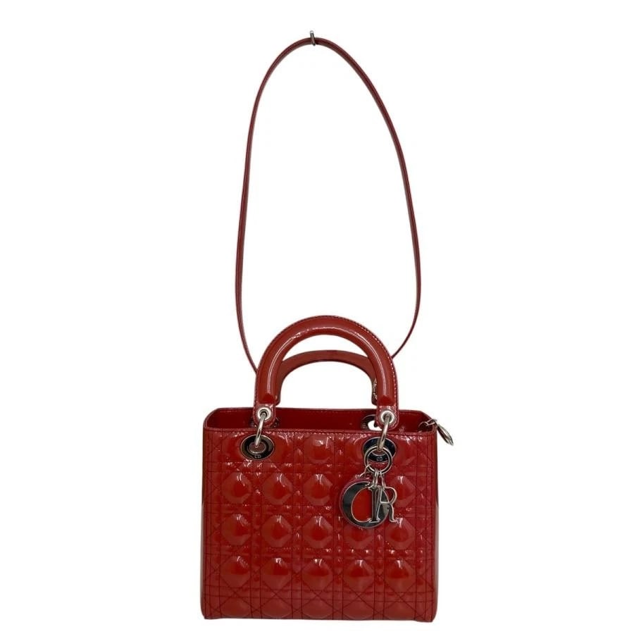 CHRISTIAN DIOR BAG: PATENT CANNAGE MEDIUM LADY DIOR RED: CHRISTIAN DIOR Bag: Patent Cannage Medium Lady Dior Red Brand: Christian Dior Type/Style: Satchel/Top Handle Bag Material: Exterior Material Leather Color: Exterior Color Red Size: (approx. W9.1 ?
