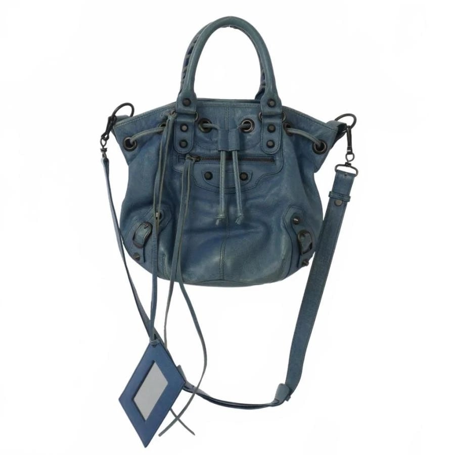 BALENCIAGA BAG: CLASSIC MINI POMPON BLUE: BALENCIAGA Bag: Classic Mini Pompon Blue Brand: BALENCIAGA Type/Style: Shoulder Bag Material: Exterior Material Leather Color: Exterior Color Blue Size: (approx. W11.8 ? H9.3 ? D6.7 inch)
