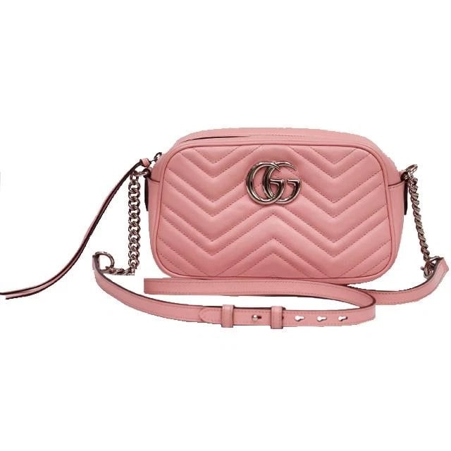 GUCCI BAG: GG MARMONT SMALL CAMERA: GUCCI Bag: GG Marmont Small Camera Brand: GUCCI Type/Style: Shoulder Bag Material: Exterior Material Leather Color: Exterior Color Pink Size: (approx. W9.8 ? H5.5 ? D2.4 inch) Accessories: None