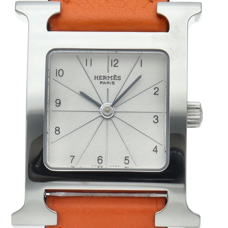 HERMES H WATCH STAINLESS STEEL / LEATHER WATCH: HERMES H watch Stainless Steel / Leather Watch Brand: HERMES Type/Style: Wristwatch Material: Band Material leather, Case Material Stainless steel Color: Dial Color Silver Size: Case Diameter(H):About