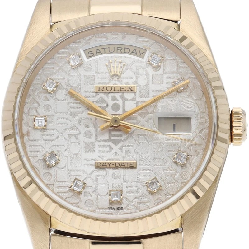 ROLEX DAY-DATE WATCH WITH DIAMONDS AND COMPUTER DIAL 18K WATCH: ROLEx Day-Date Watch with Diamonds and Computer Dial 18K Watch Brand: ROLEx Type/Style: Wristwatch Material: Band Material Yellow Gold, Case Material Yellow Gold Color: Dial Color Silver Size: Case Di