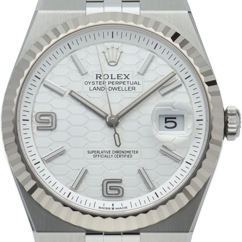 ROLEX LAND-DWELLER 40 WATCH HONEYCOMB MOTIF K18WG/STAINLESS STEEL WATCH: ROLEx Land-Dweller 40 Watch Honeycomb Motif K18WG/Stainless Steel Watch Brand: ROLEx Type/Style: Wristwatch Material: Band Material Stainless steel, Case Material Gold / steel Color: Dial Color white 