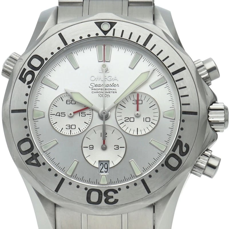 OMEGA SEAMASTER CHRONOGRAPH STAINLESS STEEL WATCH: OMEGA Seamaster Chronograph Stainless Steel Watch Brand: OMEGA Type/Style: Wristwatch Material: Band Material Stainless steel, Case Material Stainless steel Color: Dial Color Silver Size: Case Diamete