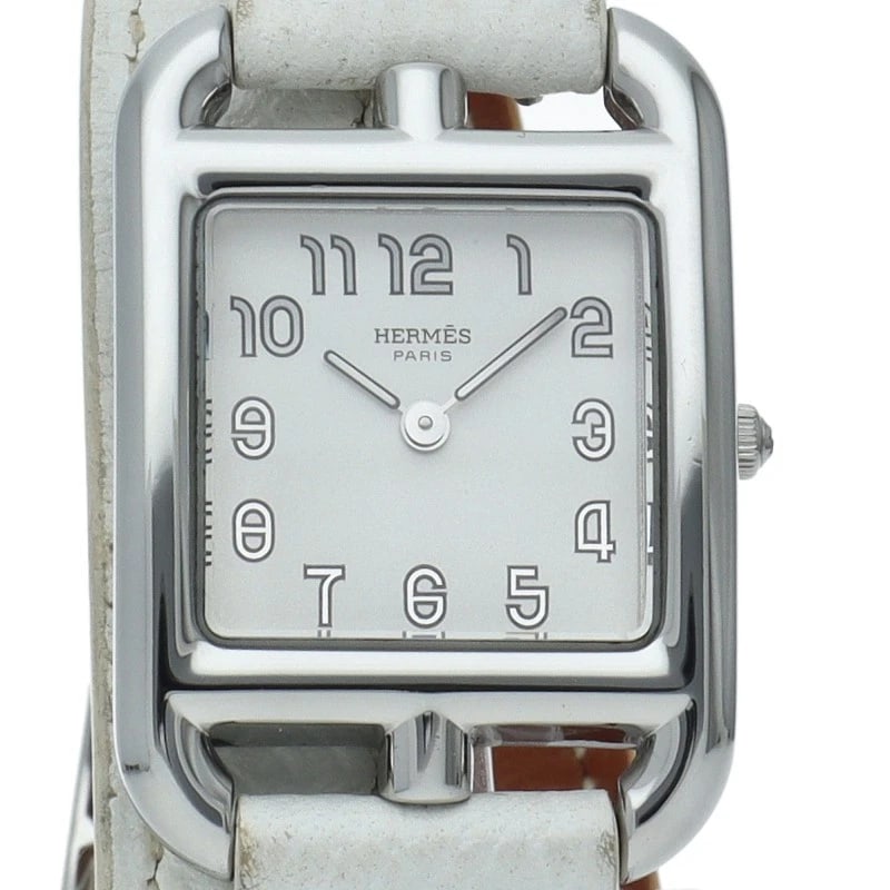 HERMES CAPE COD DOUBLE TOUR STAINLESS STEEL / LEATHER WATCH: HERMES Cape Cod Double Tour Stainless Steel / Leather Watch Brand: HERMES Type/Style: Wristwatch Material: Band Material leather, Case Material Stainless steel Color: Dial Color Silver Size: Case Diam