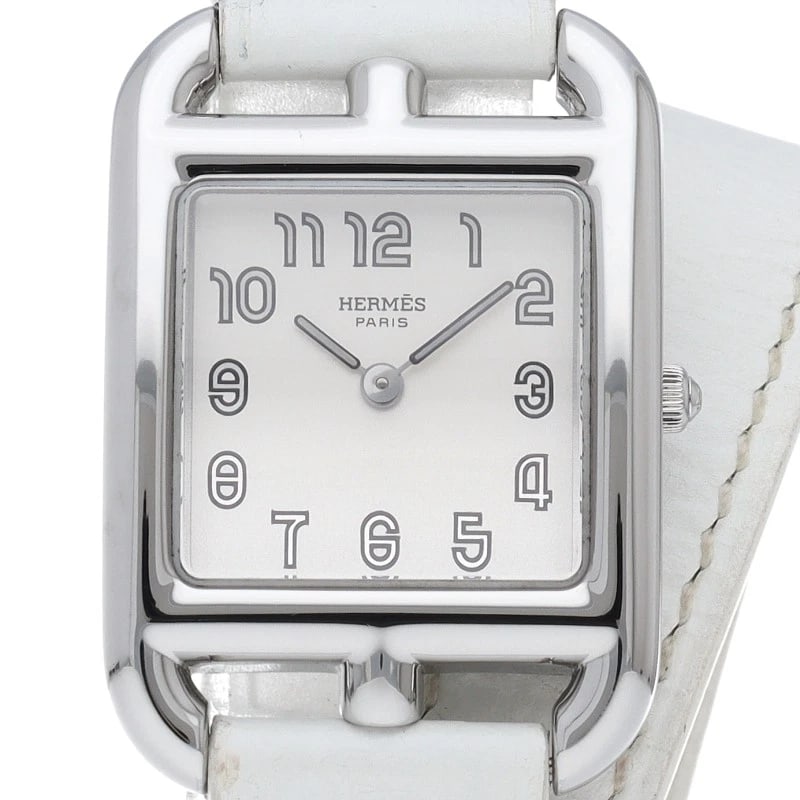 HERMES CAPE COD DOUBLE STAINLESS STEEL / LEATHER WATCH: HERMES Cape Cod Double Stainless Steel / Leather Watch Brand: HERMES Type/Style: Wristwatch Material: Band Material leather, Case Material Stainless steel Color: Dial Color Silver Size: Case Diameter(