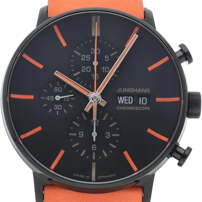 JUNGHANS FORM A CHRONOSCOPE AUTOMATIC WATCH STAINLESS STEEL WATCH: JUNGHANS Form A Chronoscope Automatic Watch Stainless Steel Watch Brand: JUNGHANS Type/Style: Wristwatch Material: Band Material leather, Case Material Stainless steel Color: Dial Color black Size: Ca