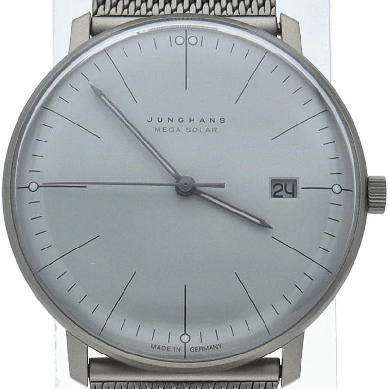 JUNGHANS MAX BILL MEGA SOLAR POWERED WATCH: JUNGHANS Max Bill Mega Solar Powered Watch Brand: JUNGHANS Type/Style: Wristwatch Material: Band Material titanium, Case Material titanium Color: Dial Color gray Size: Case Diameter(H):About 1.5 inch 