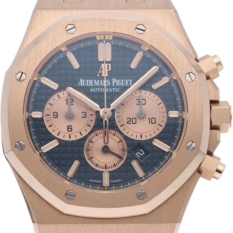 AUDEMARS PIGUET ROYAL OAK CHRONOGRAPH 18K PINK WATCH: AUDEMARS PIGUET Royal Oak Chronograph 18K Pink Watch Brand: AUDEMARS PIGUET Type/Style: Wristwatch Material: Band Material Pink gold, Case Material Pink gold Color: Dial Color blue Size: Case Diameter