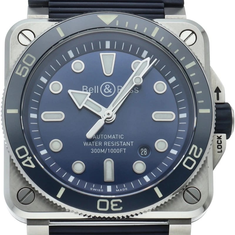 BELL?ROSS BR-03 DIVER BLUE STEEL STAINLESS STEEL WATCH: Bell?Ross BR-03 Diver Blue Steel Stainless Steel Watch Brand: Bell?Ross Type/Style: Wristwatch Material: Band Material rubber, Case Material Stainless steel Color: Dial Color blue Size: Case Diameter(