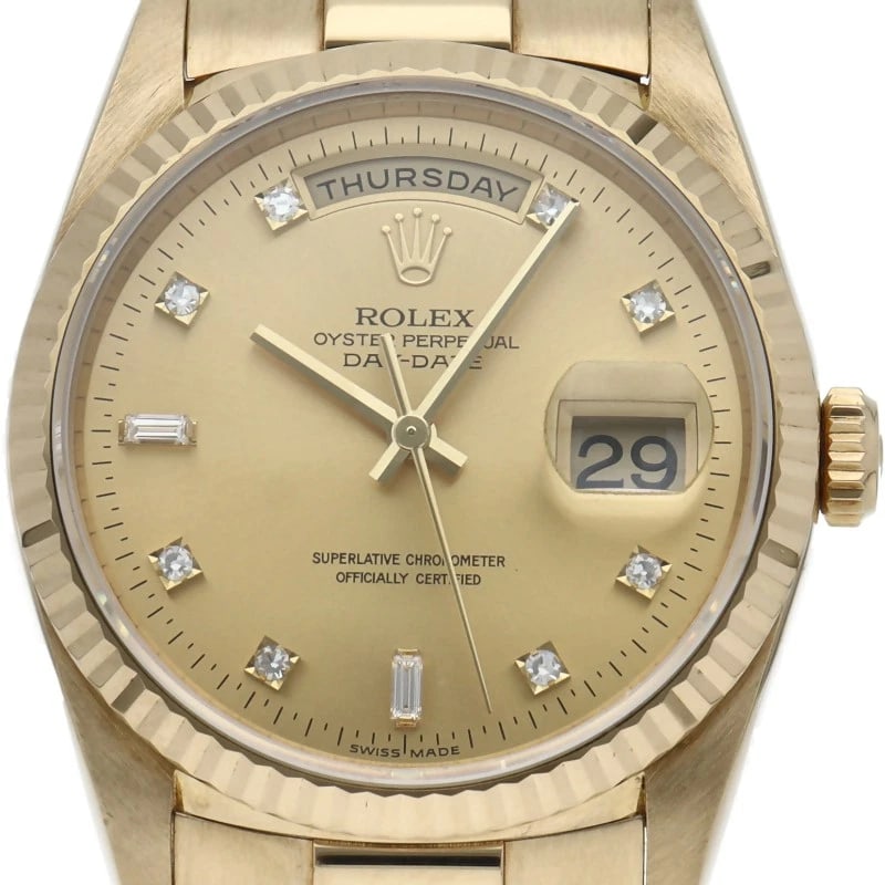 ROLEX DAY DATE WATCH DIAMOND 18K YELLOW GOLD WATCH: ROLEx Day date watch diamond 18K Yellow Gold Watch Brand: ROLEx Type/Style: Wristwatch Material: Band Material Yellow Gold, Case Material Yellow Gold Color: Dial Color Champagne color Size: Case Diame