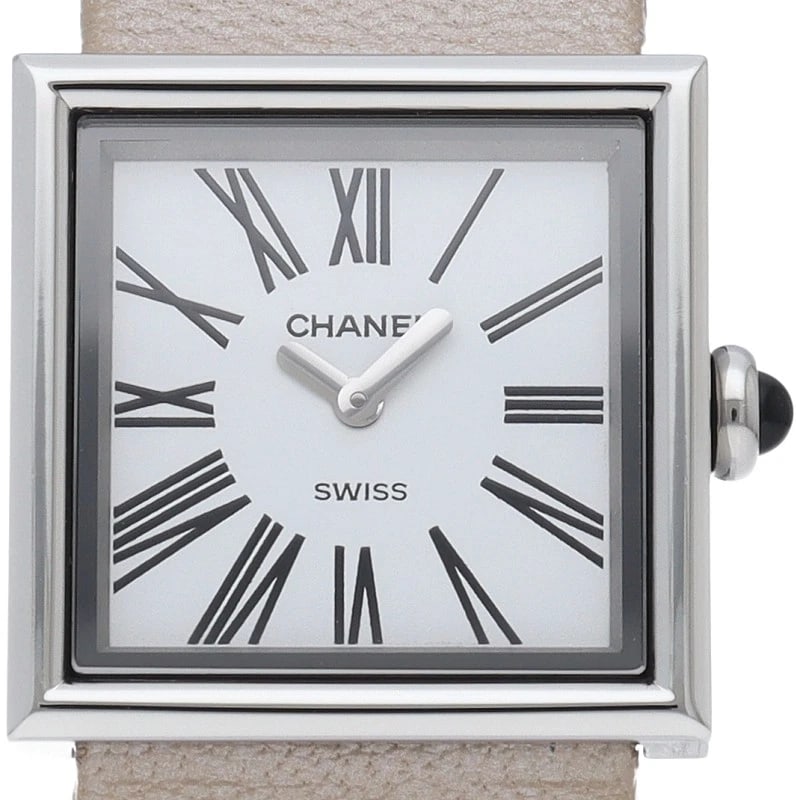 CHANEL MADEMOISELLE STAINLESS STEEL / LEATHER WATCH: CHANEL Mademoiselle Stainless Steel / Leather Watch Brand: CHANEL Type/Style: Wristwatch Material: Band Material leather, Case Material Stainless steel Color: Dial Color white Size: Case Diameter(H):A