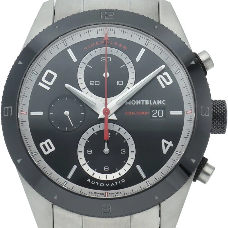 MONTBLANC TIMEWALKER CHRONOGRAPH STAINLESS STEEL WATCH: MONTBLANC TimeWalker Chronograph Stainless Steel Watch Brand: MONTBLANC Type/Style: Wristwatch Material: Band Material Stainless steel, Case Material Stainless steel Color: Dial Color black Size: Case