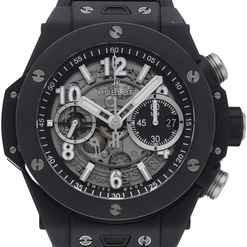 HUBLOT BIG BANG UNICO BLACK MAGIC CHRONOGRAPH CERAMIC WATCH: HUBLOT Big Bang Unico Black Magic Chronograph Ceramic Watch Brand: HUBLOT Type/Style: Wristwatch Material: Band Material rubber, Case Material ceramic Color: Dial Color Transparent Size: Case Diameter