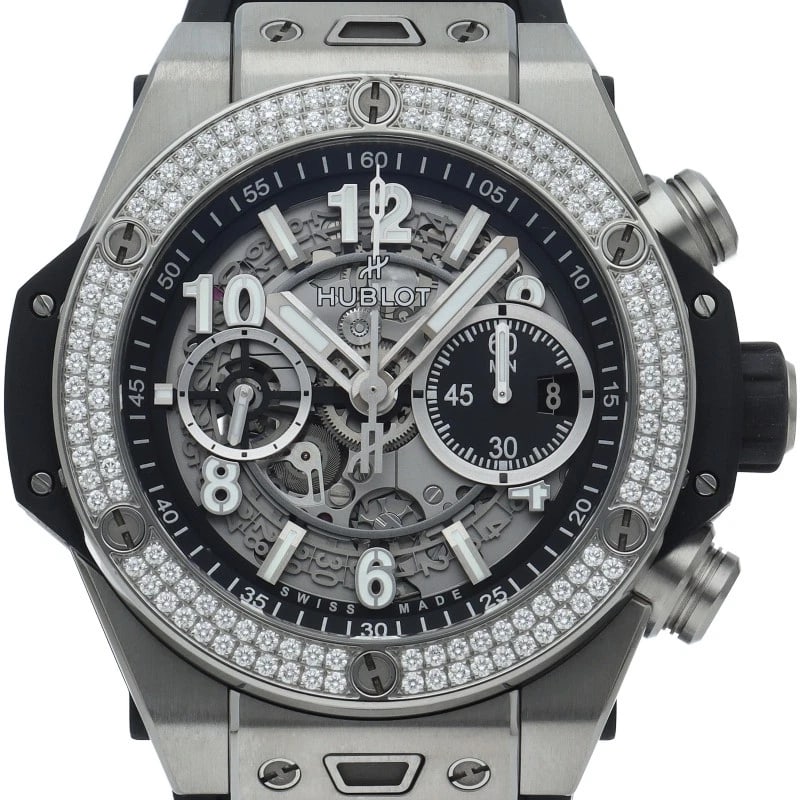 HUBLOT BIG BANG UNICO TITANIUM DIAMOND TITANIUM WATCH: HUBLOT Big Bang Unico Titanium Diamond Titanium Watch Brand: HUBLOT Type/Style: Wristwatch Material: Band Material rubber, Case Material titanium Color: Dial Color Transparent Size: Case Diameter(H):A
