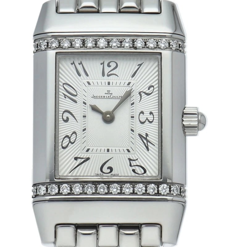 JAEGER-LECOULTRE REVERSO WATCH WITH DIAMOND BEZEL WATCH: JAEGER-LECOULTRE Reverso Watch with Diamond Bezel Watch Brand: JAEGER-LECOULTRE Type/Style: Wristwatch Material: Band Material Stainless steel, Case Material Stainless steel Color: Dial Color Silver S