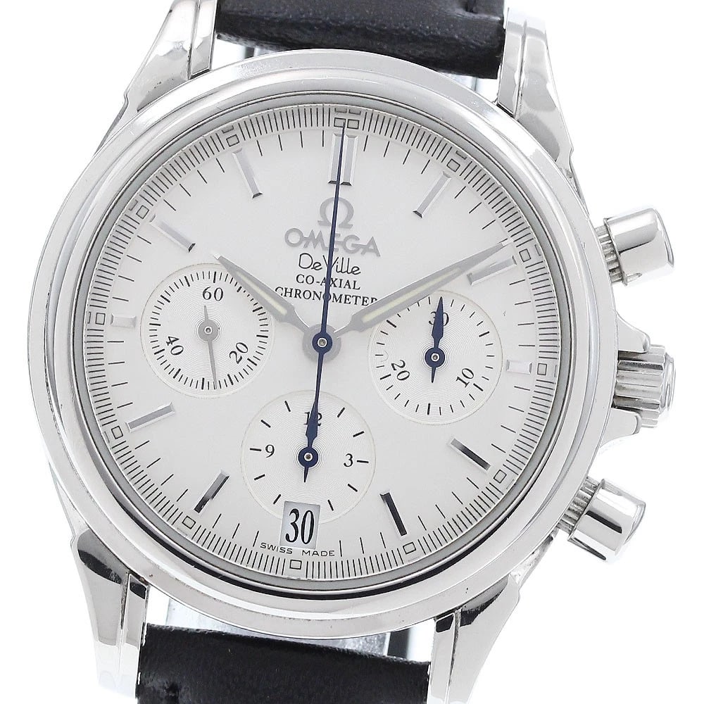 OMEGA DE VILLE CO-AXIAL CHRONOGRAPH AUTOMATIC WATCH: OMEGA De Ville Co-Axial Chronograph Automatic Watch Brand: OMEGA Type/Style: Wristwatch Material: Band Material leather, Case Material Stainless Steel Color: Dial Color Silver Band Color black Case