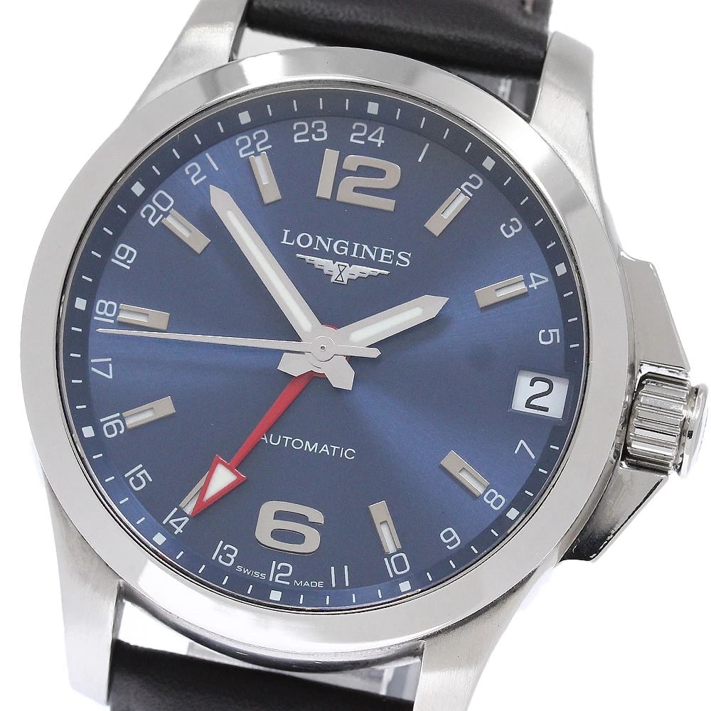 LONGINES CONQUEST DATE BLUE AUTOMATIC WATCH: LONGINES Conquest date blue Automatic Watch Brand: LONGINES Type/Style: Wristwatch Material: Band Material leather, Case Material Stainless Steel Color: Case Color Silver Band Color Silver Dial Color