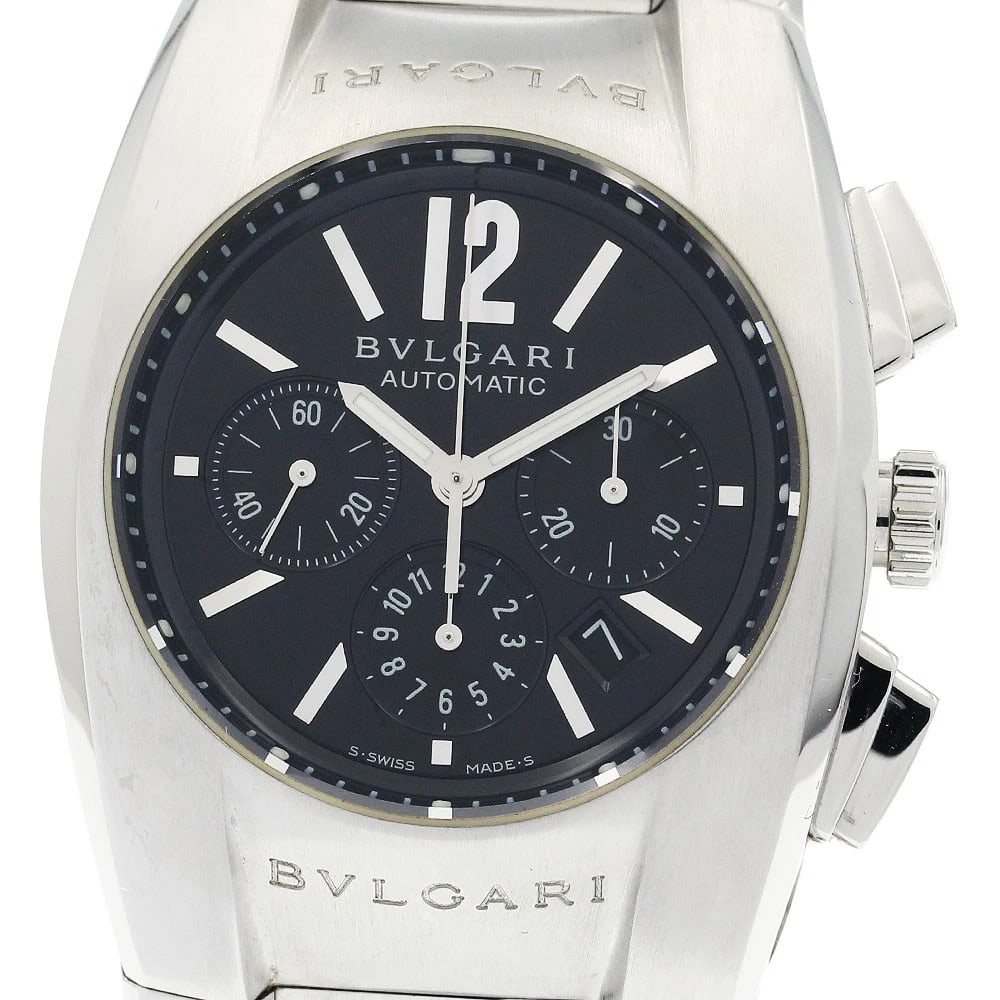 BVLGARI ELGON CHRONOGRAPH BLACK AUTOMATIC WATCH: BVLGARI Elgon Chronograph Black Automatic Watch Brand: BVLGARI Type/Style: Wristwatch Material: Band Material Stainless Steel, Case Material Stainless Steel Color: Dial Color black Band Color Silver