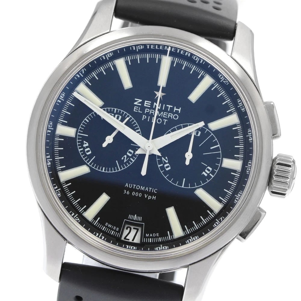 ZENITH EL PRIMERO PILOT CHRONOGRAPH AUTOMATIC WATCH: ZENITH El Primero Pilot Chronograph Automatic Watch Brand: ZENITH Type/Style: Wristwatch Material: Band Material rubber, Case Material Stainless Steel Color: Dial Color black Band Color black Case