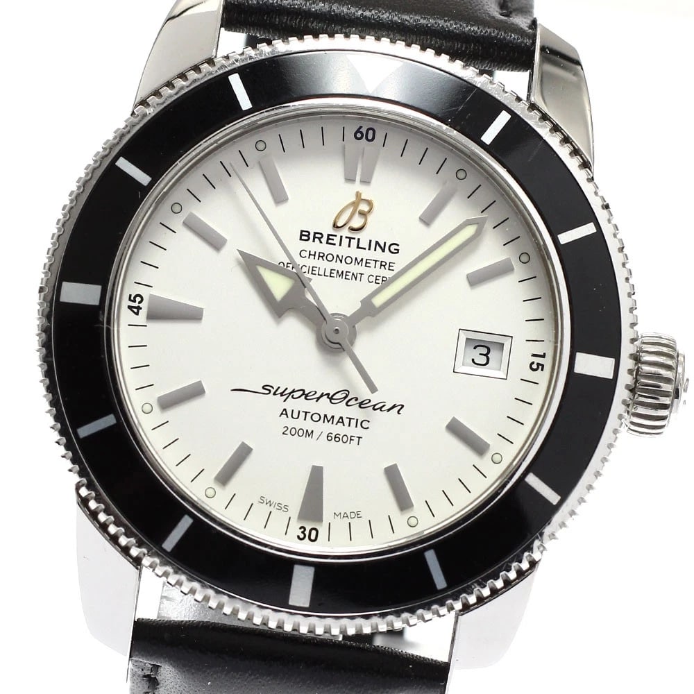 BREITLING SUPEROCEAN HERITAGE DATE AUTOMATIC WATCH: BREITLING Superocean Heritage Date Automatic Watch Brand: BREITLING Type/Style: Wristwatch Material: Band Material leather, Case Material Stainless Steel Color: Dial Color Silver Band Color black