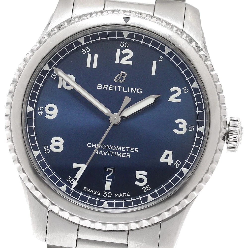 BREITLING NAVITIMER DATE NAVY AUTOMATIC WATCH: BREITLING Navitimer Date Navy Automatic Watch Brand: BREITLING Type/Style: Wristwatch Material: Band Material Stainless Steel, Case Material Stainless Steel Color: Dial Color Navy Band Color Silver