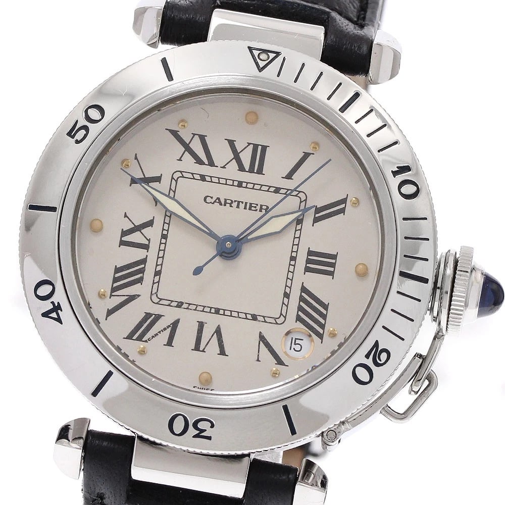 CARTIER PASHA DATE BEIGE AUTOMATIC WATCH: CARTIER Pasha Date beige Automatic Watch Brand: CARTIER Type/Style: Wristwatch Material: Band Material leather, Case Material Stainless Steel Color: Case Color Silver Band Color black Dial Color