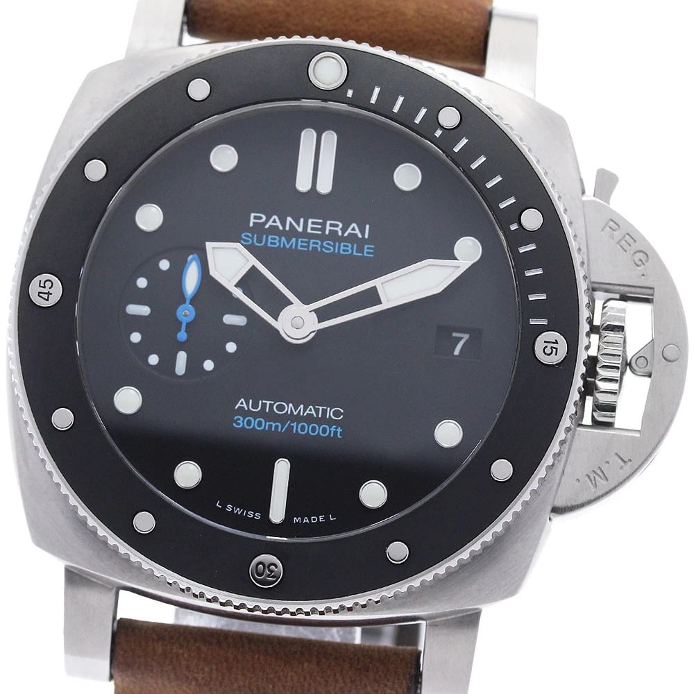 PANERAI SUBMERSIBLE DATE BLACK AUTOMATIC WATCH: PANERAI Submersible Date black Automatic Watch Brand: PANERAI Type/Style: Wristwatch Material: Band Material leather, Case Material Stainless Steel Color: Dial Color black Band Color Brown Case Color