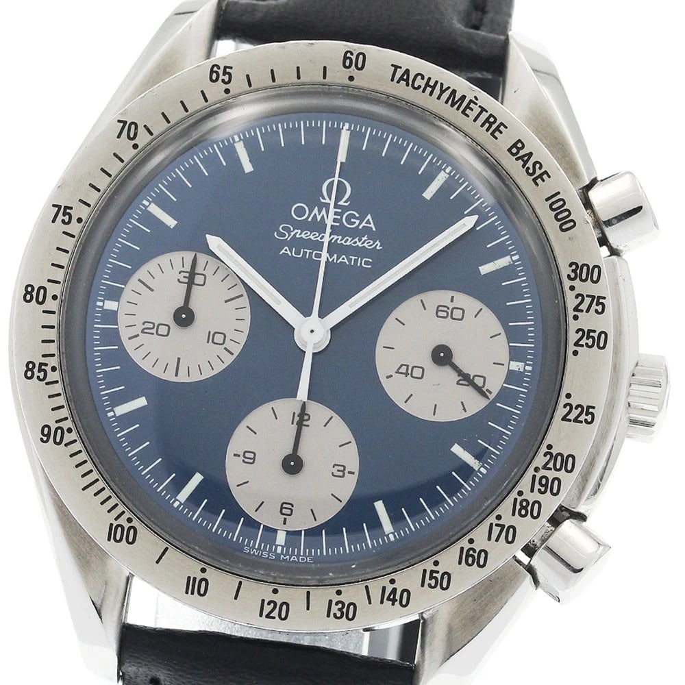 OMEGA SPEEDMASTER CHRONOGRAPH AUTOMATIC WATCH: OMEGA Speedmaster Chronograph Automatic Watch Brand: OMEGA Type/Style: Wristwatch Material: Band Material leather, Case Material Stainless Steel Color: Dial Color Blue / Silver Band Color black Case