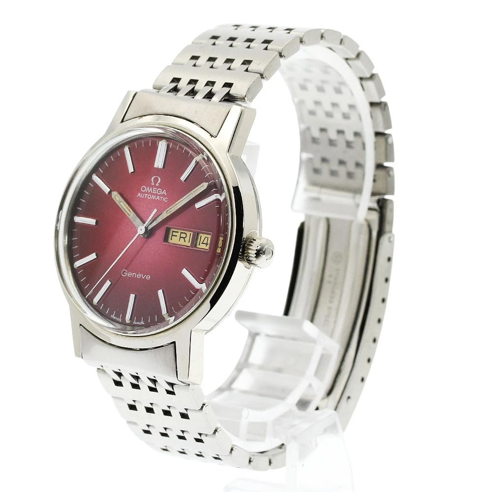 OMEGA GENEVE DATE RED AUTOMATIC WATCH: OMEGA Geneve Date Red Automatic Watch Brand: OMEGA Type/Style: Wristwatch Material: Band Material Stainless Steel, Case Material Stainless Steel Color: Dial Color Red Band Color Silver Case Color