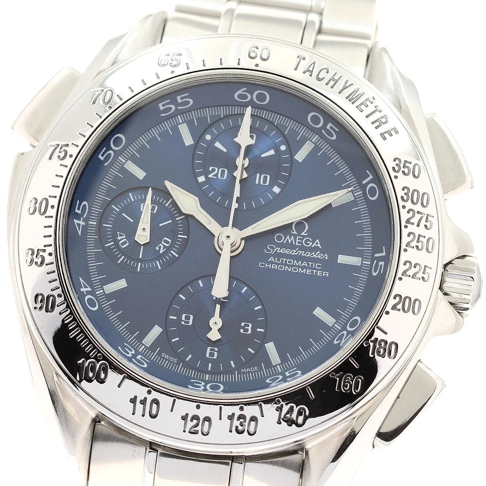 OMEGA SPEEDMASTER CHRONOGRAPH WATCH: OMEGA Speedmaster Chronograph Watch Brand: OMEGA Type/Style: Wristwatch Material: Band Material Stainless Steel, Case Material Stainless Steel Color: Dial Color blue Band Color Silver Case Color