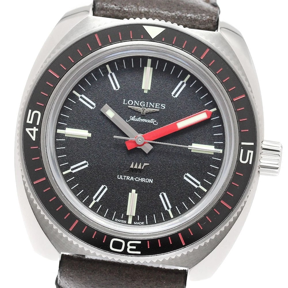 LONGINES ULTRACRON BLACK AUTOMATIC WATCH: LONGINES Ultracron Black Automatic Watch Brand: LONGINES Type/Style: Wristwatch Material: Band Material leather, Case Material Stainless Steel Color: Dial Color black Band Color Brown Case Color