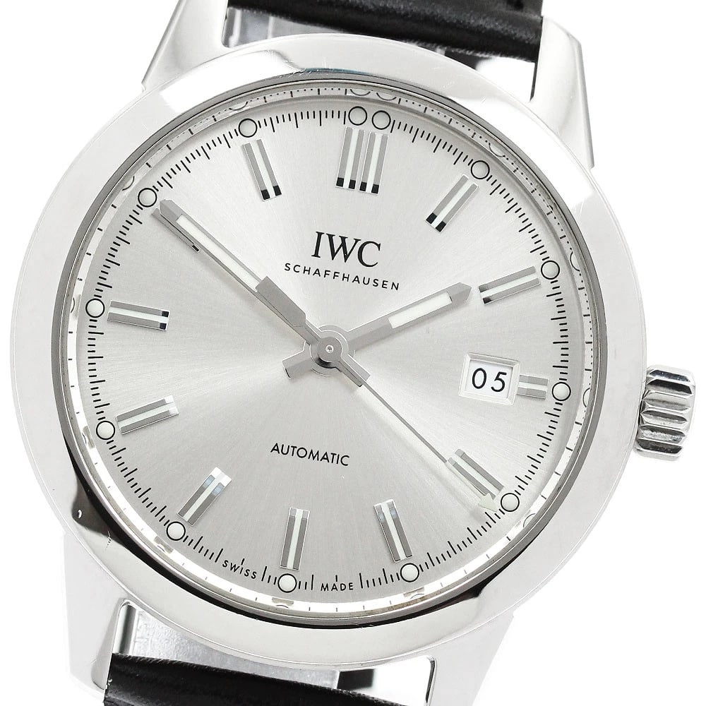 IWC SCHAFFHAUSEN DATE AUTOMATIC WATCH: IWC SCHAFFHAUSEN Date Automatic Watch Brand: IWC SCHAFFHAUSEN Type/Style: Wristwatch Material: Band Material leather, Case Material Stainless Steel Color: Dial Color Silver Band Color black Case