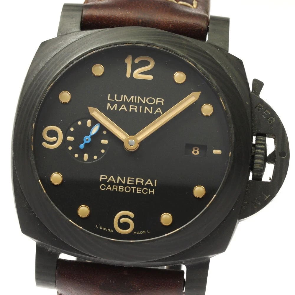 PANERAI LUMINOR MARINA DATE AUTOMATIC WATCH: PANERAI Luminor Marina Date Automatic Watch Brand: PANERAI Type/Style: Wristwatch Material: Band Material leather, Case Material Carbotech Color: Dial Color black Band Color Brown Case Color black